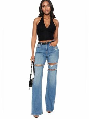 Fashion Nova Remi Ripped Stretch Baggy Blue Distressed Jeans Junior Size 9
